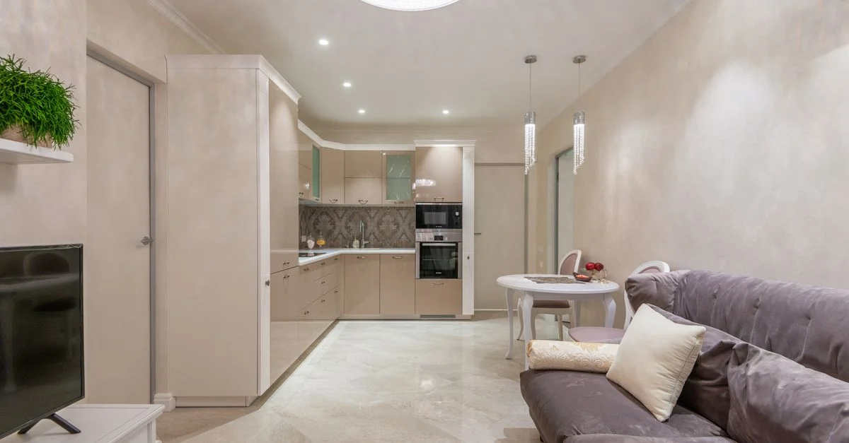 Un salon élégant en open space avec un aménagement de cuisine moderne et confortable.