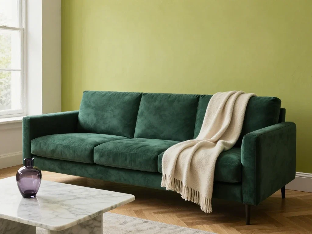 Salón refinado con sofá esmeralda y texturas naturales para inspirar el diseño interior.