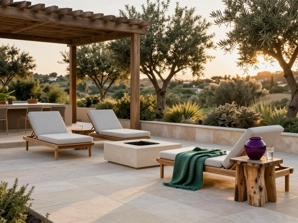Terraza mediterránea moderna con muebles elegantes y plantas, destacando el equilibrio del diseño exterior.